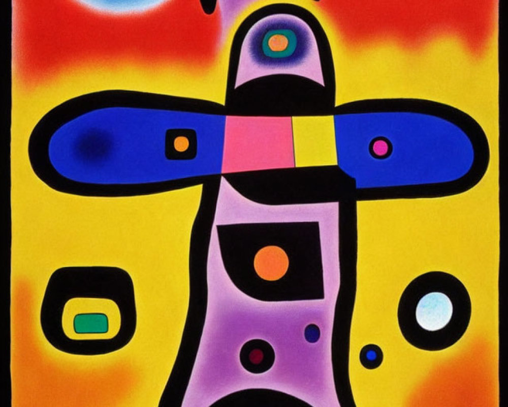 Colorful Abstract Painting with Geometric Totemic Figure and Eyes