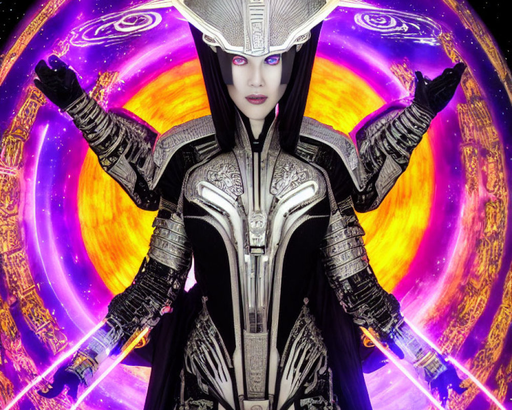 Futuristic female character in black armor against cosmic backdrop