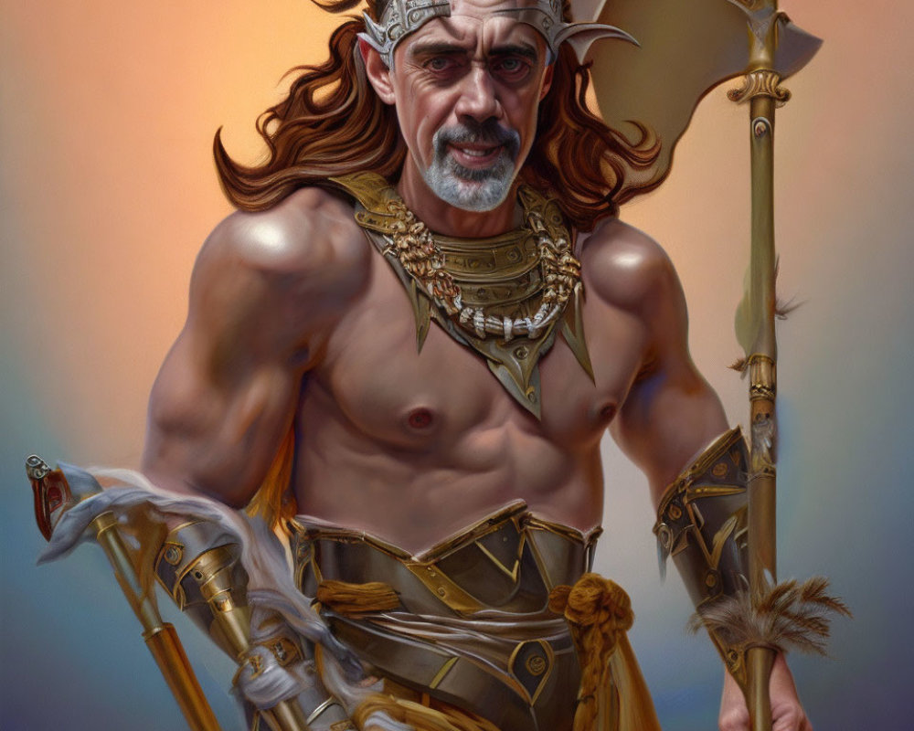 Muscular fantasy warrior with gray hair and decorated axe