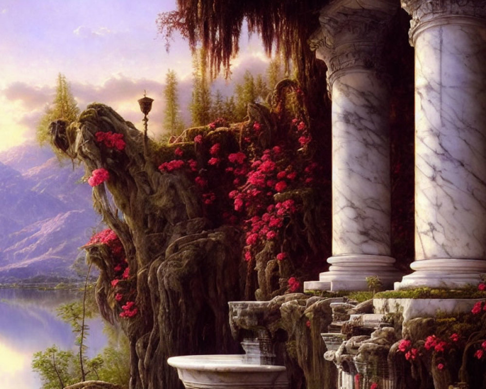 Tranquil landscape with marble columns and red flowers overlooking lake