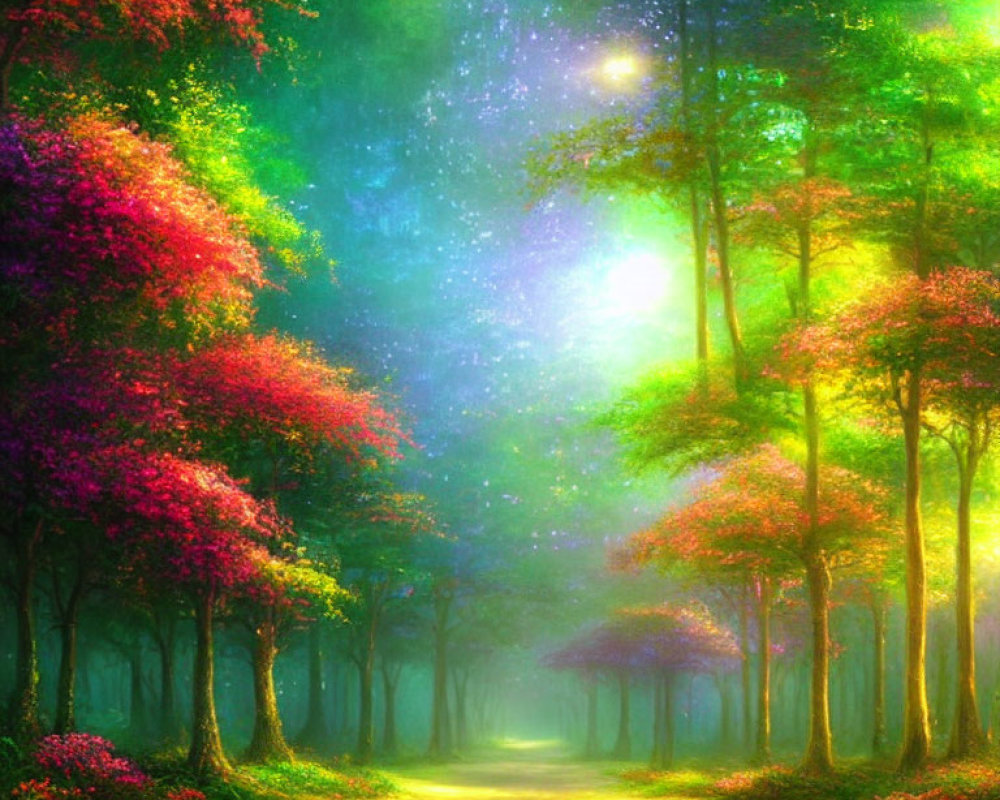 Colorful Fantasy Forest with Glowing Pathway & Starry Sky