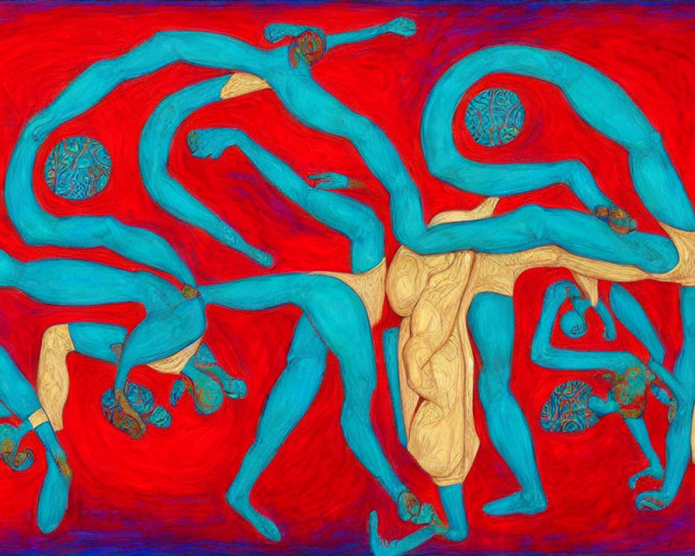 Vivid Abstract Painting: Blue and Gold Figures on Red Background