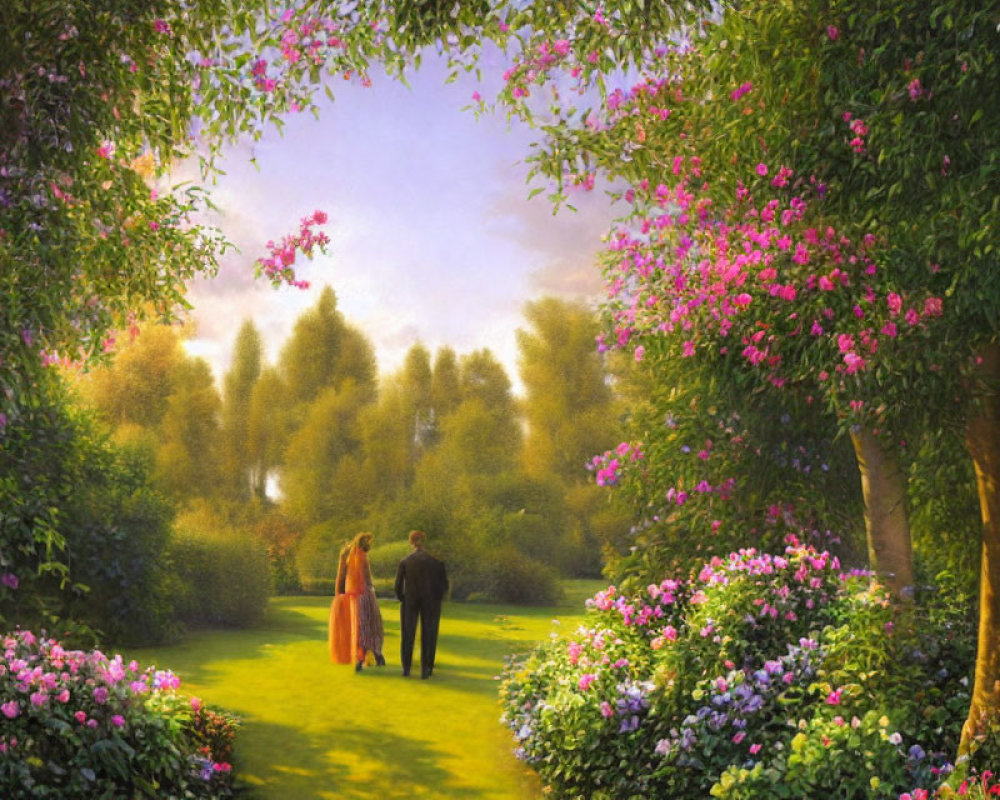 Couple walking in blooming garden under golden sunlight