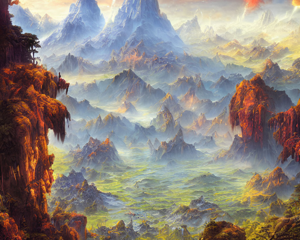 Majestic mountains, glowing skies, and lush valley from a cliff