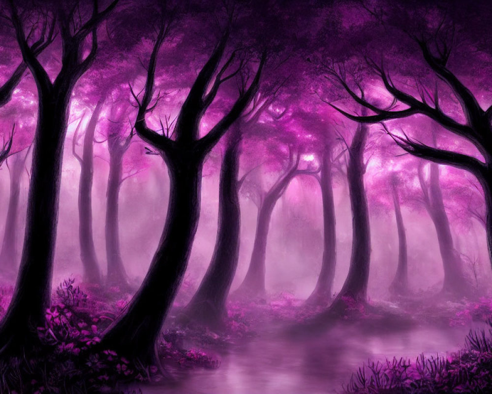 Mystical Purple Forest with Mist and Slender Trees