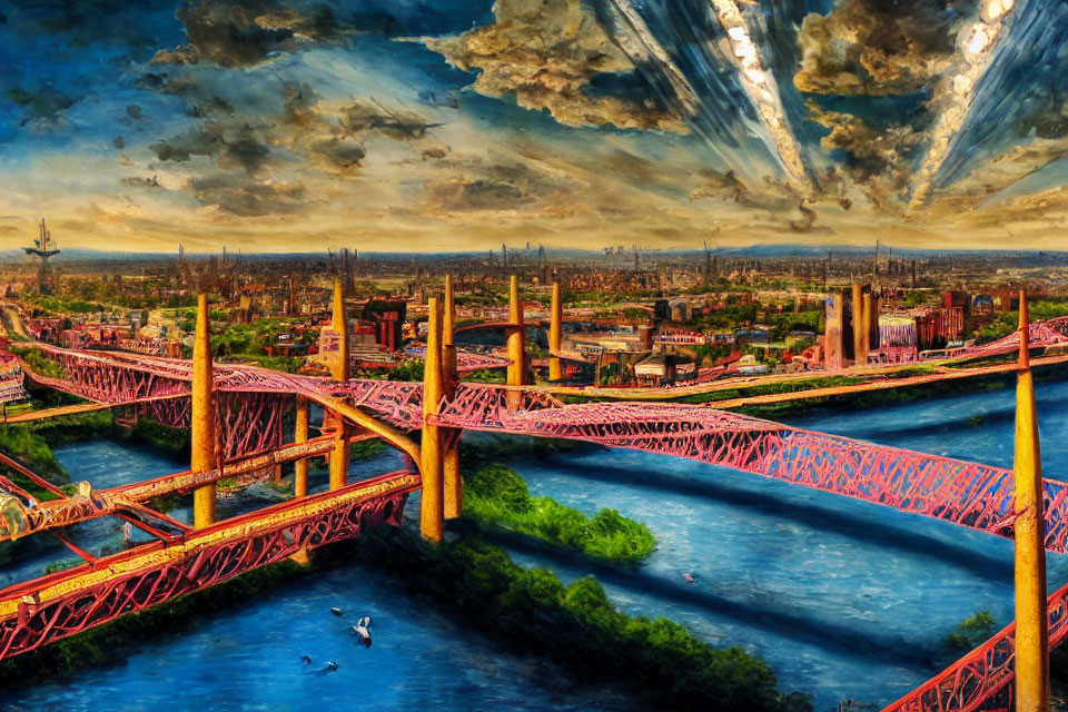 Colorful cityscape painting with red bridges over blue river and dramatic sky.