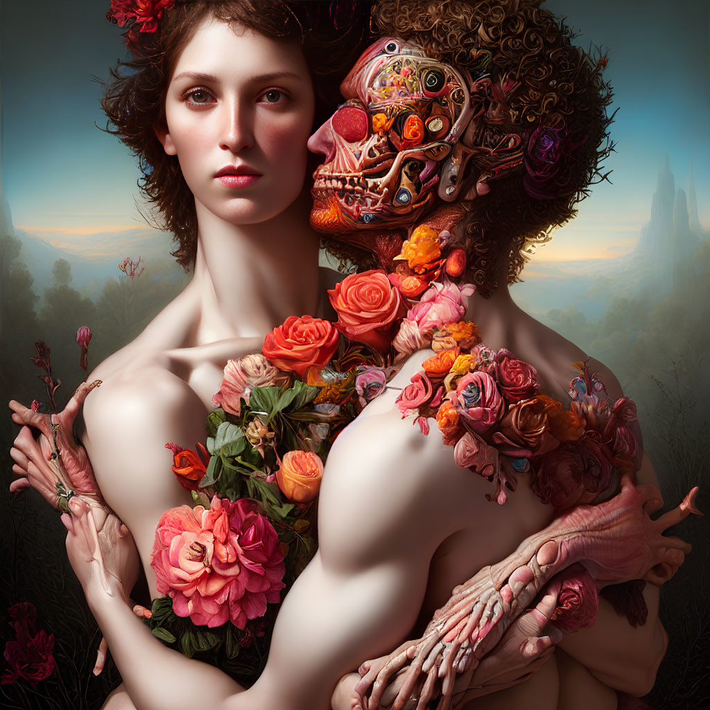 Surreal portrait of figures merging with floral and skull elements