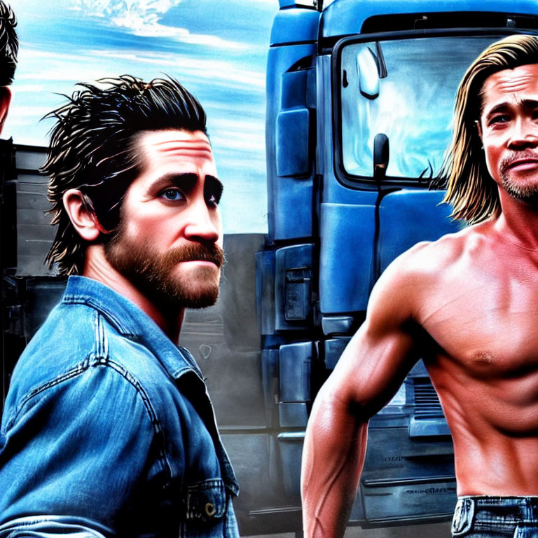 Stylized men by a truck: one with dark hair and beard, the other with long blond