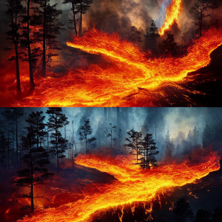 Forest Fire: Vivid Image of Fierce Flames Engulfing Trees and Smoldering Ground