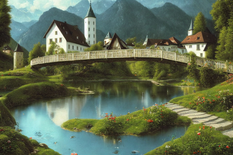 Tranquil white church by river with bridge and mountains