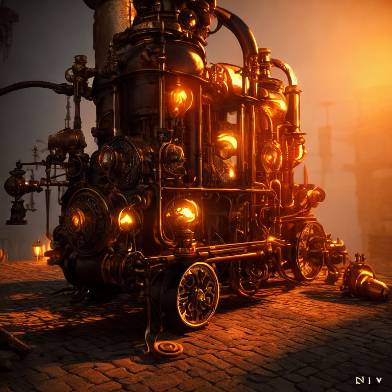 Intricate steampunk machine with glowing lights in industrial setting