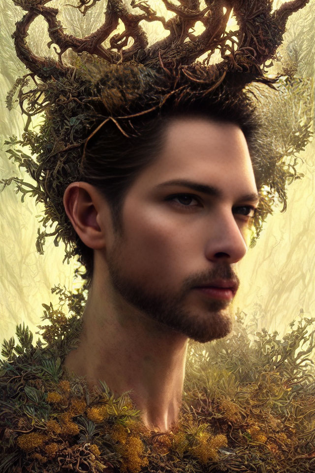 Serene person portrait with elaborate nature crown