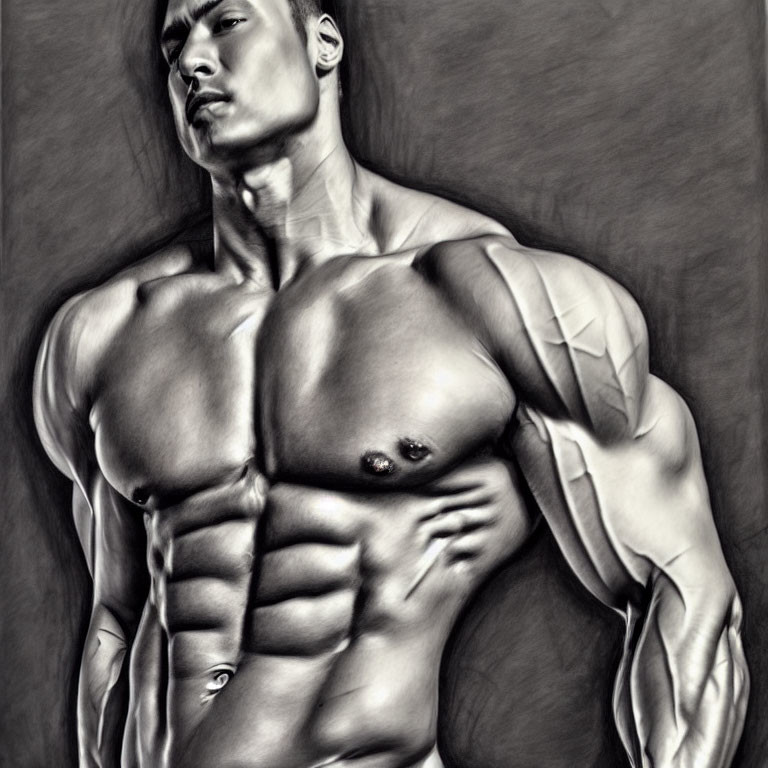 Detailed grayscale drawing of muscular man posing with bent arm