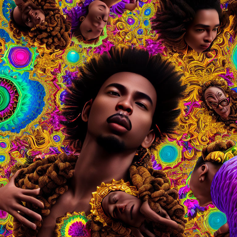 Colorful surreal artwork featuring person with afro and floating heads