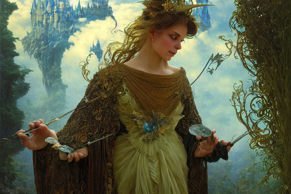 Regal woman in golden dress with balance scale in enchanted forest