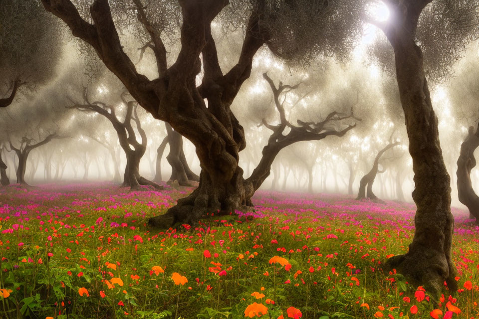 Misty Grove with Gnarled Trees and Pink & Orange Flowers