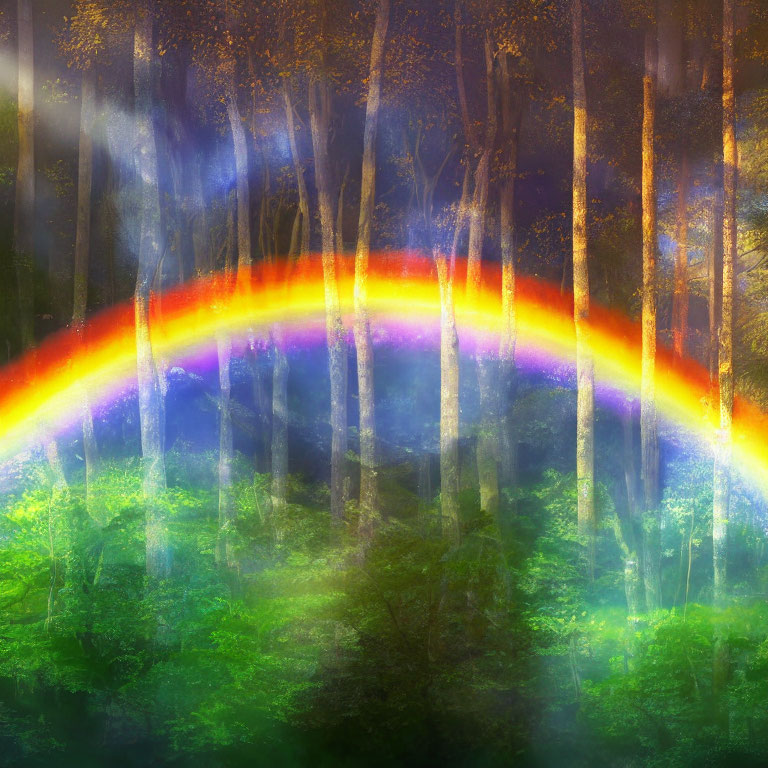 Rainbow in Misty Sunlit Forest with Tall Trees and Green Undergrowth