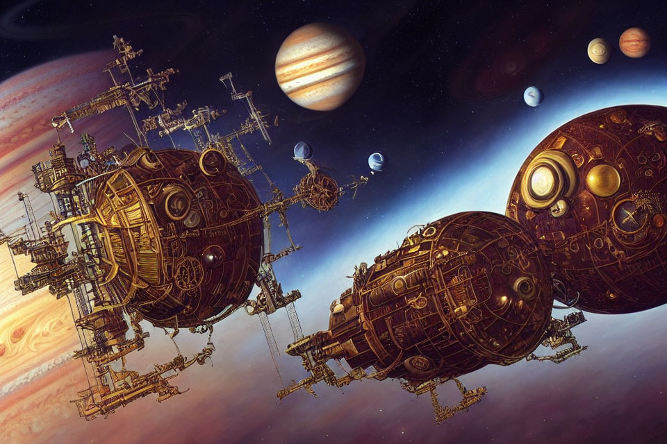 Steampunk-style spacecrafts orbiting gas giant planet with other planets in the background