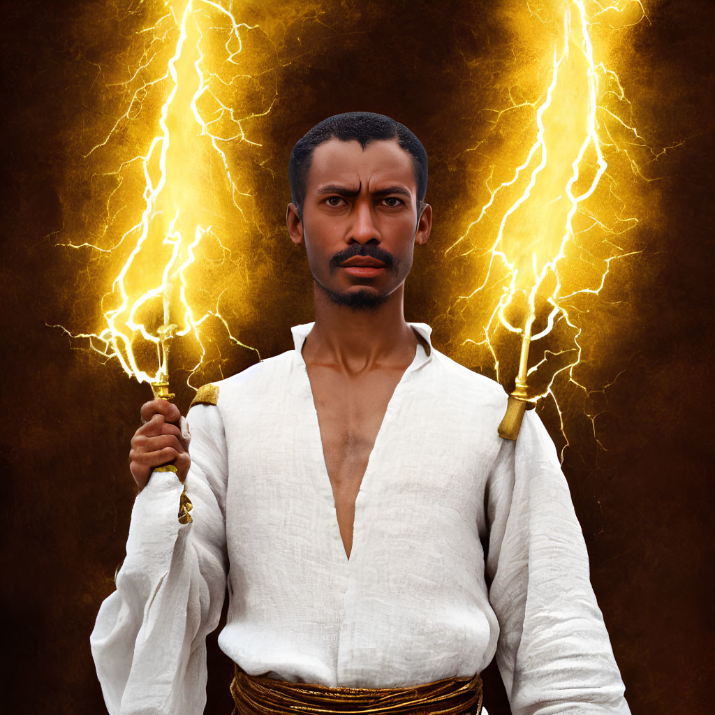 Determined man holding lightning bolts in stormy scene