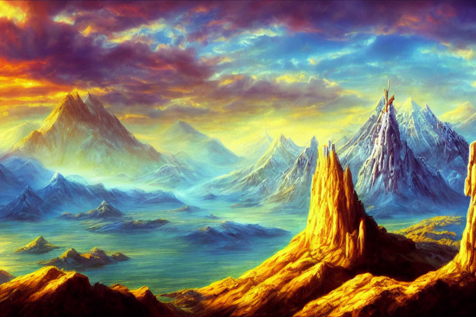 Colorful Mountain Landscape Painting with Misty Water Scene