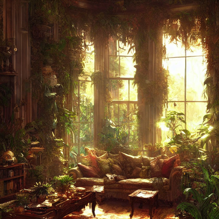 Sunlit Room with Lush Plants, Comfy Couch, Books, and Warm Ambiance