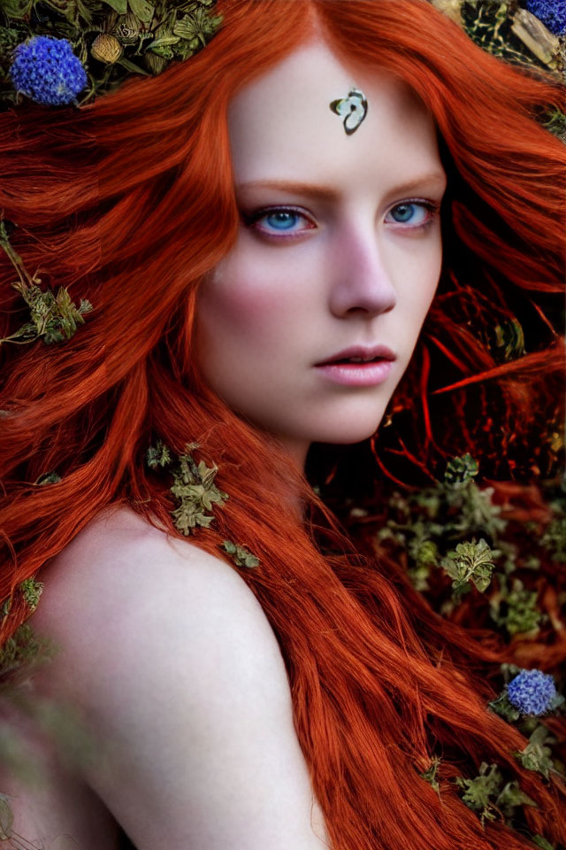 Vibrant red-haired woman with blue eyes in nature-themed portrait