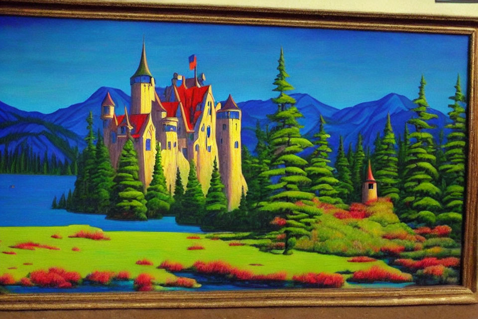 Colorful Fairytale Castle Painting in Forest with Mountains and Lake