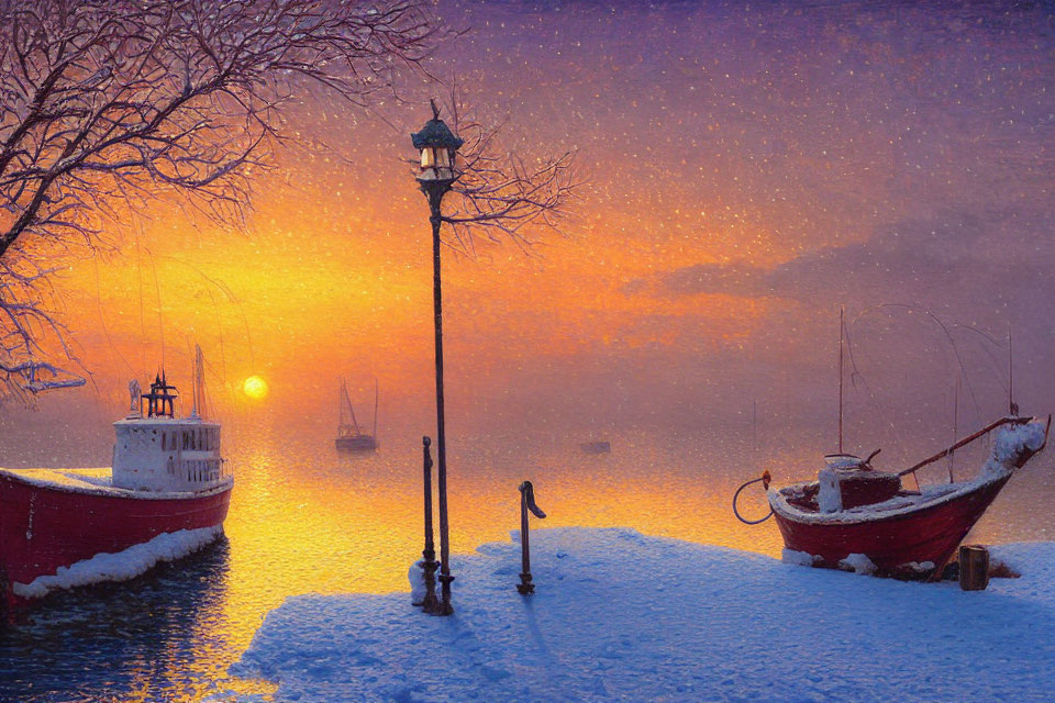 Snow-covered dock at sunset with boats, street lamp, and falling snowflakes.