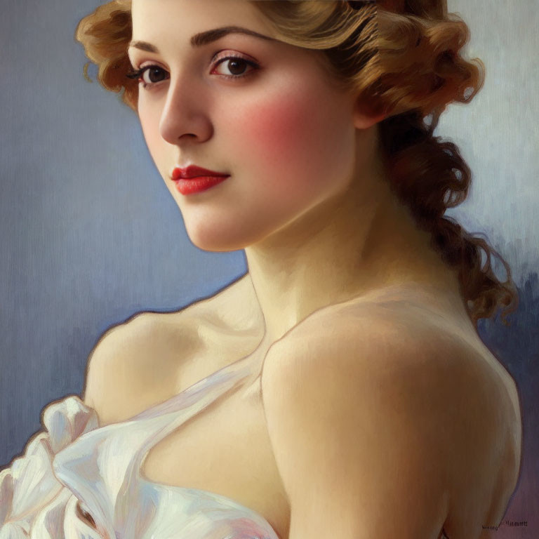 Portrait of Woman with Curly Hair and Rosy Cheeks in White Garment