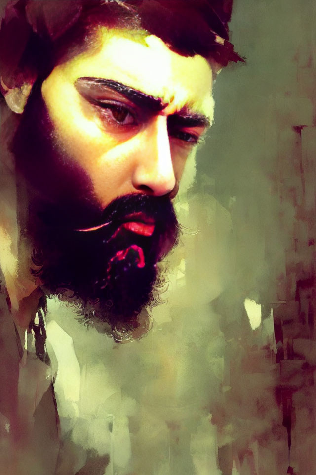 Man with Beard and Mustache in Digital Painting with Heavy Brush Strokes and Warm Tones