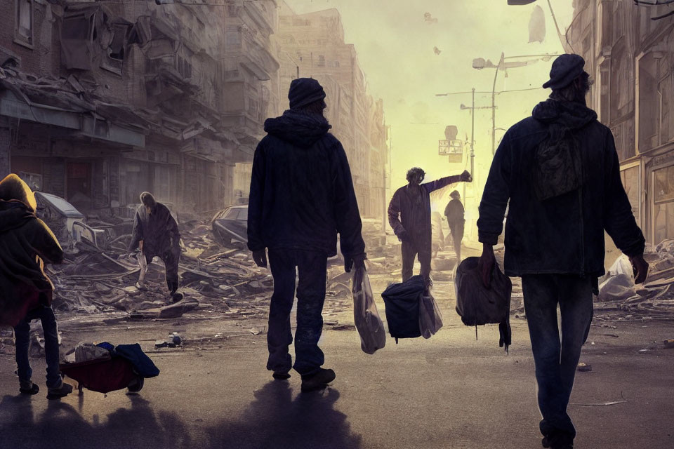 Desolate, war-torn city street with three people and debris