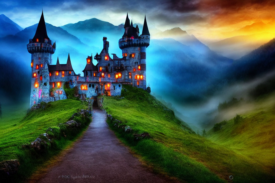 Enchanting castle on hill in foggy sunset