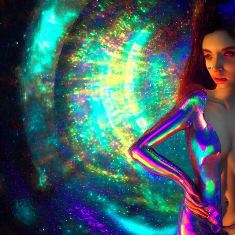 Iridescent body paint woman in cosmic background