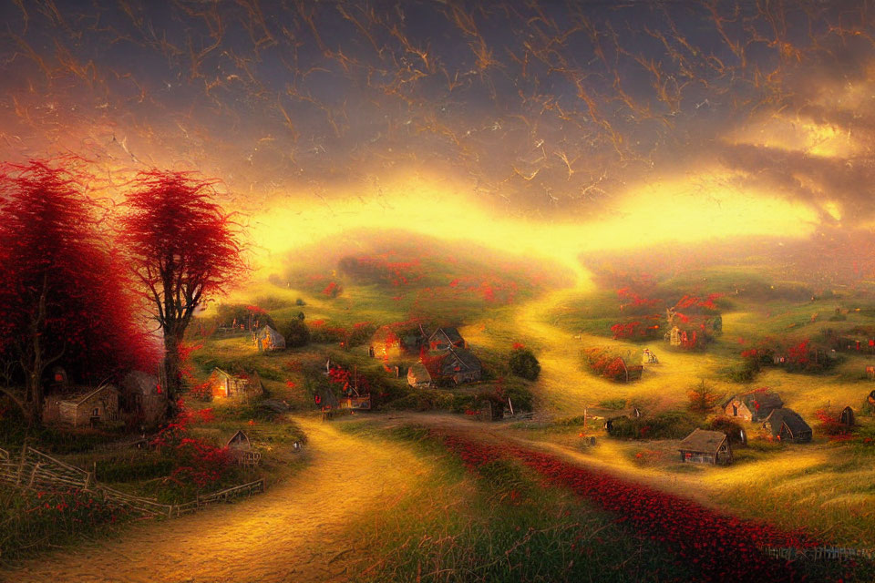 Rural sunset scene: winding road, rolling hills, blossoming trees, cozy cottages, red