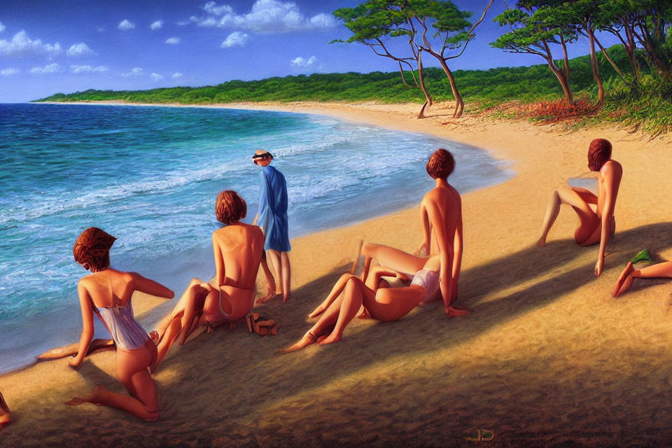 Five Figures in Swimsuits on Beach, One Standing, Four Seated