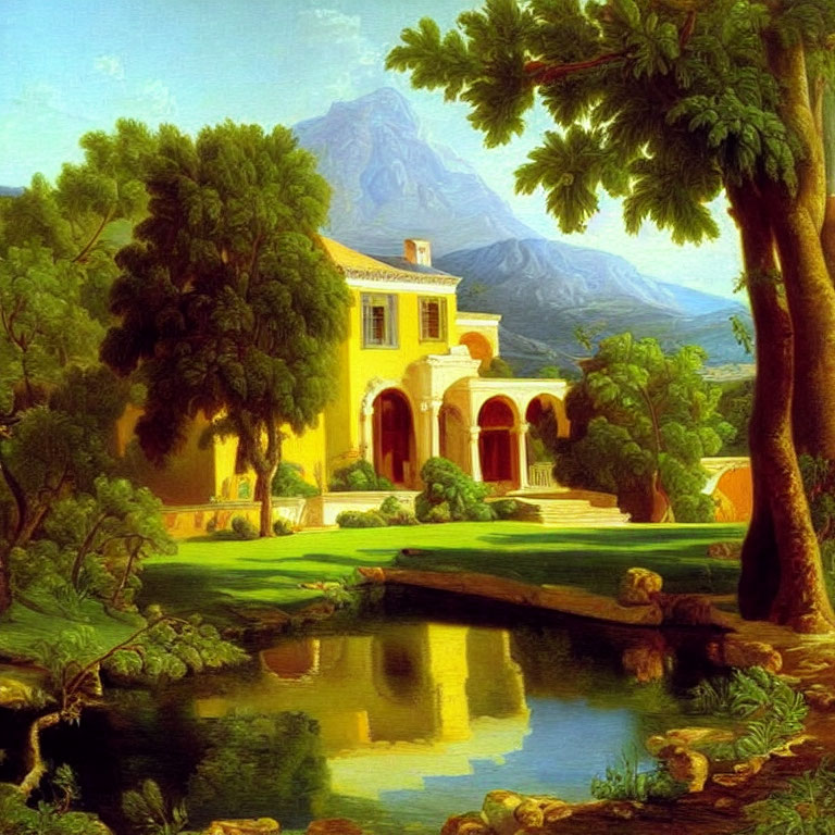 Tranquil painting of yellow villa, trees, pond, and mountain