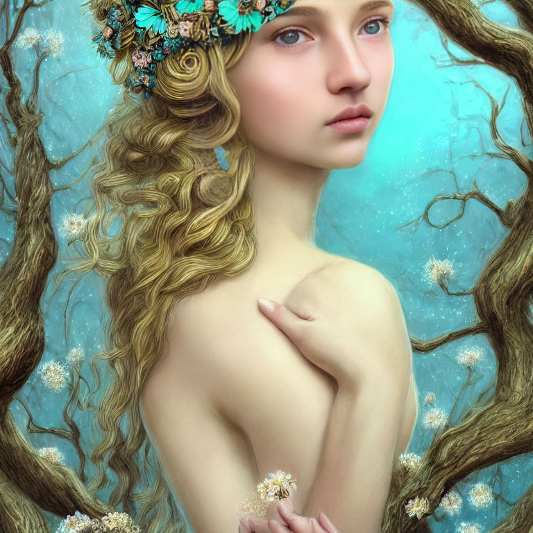 Woman with Golden Curls and Floral Headpiece Among Whimsical Tree Branches on Blue Starry