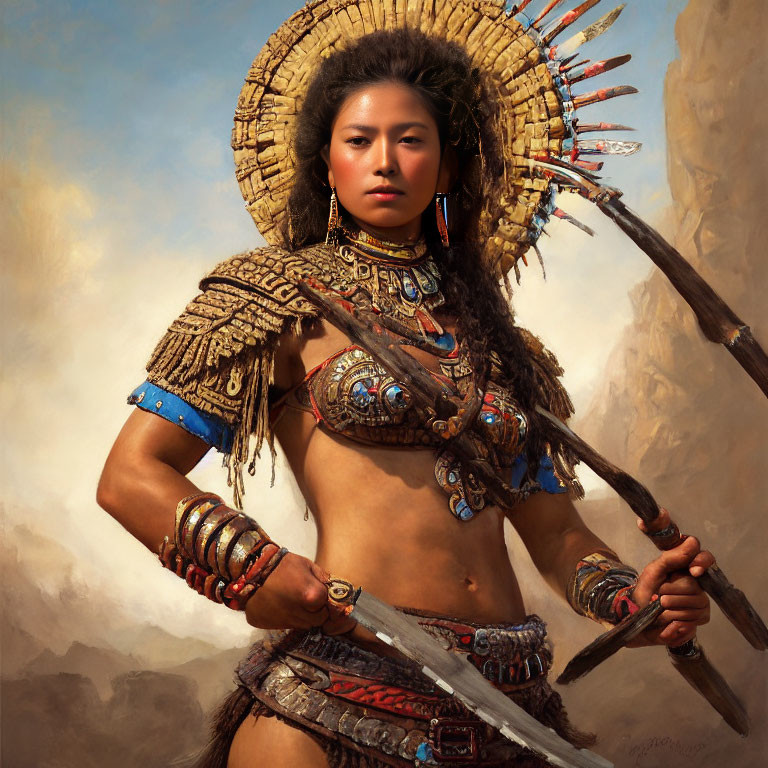 Traditional warrior woman in feathered headdress and armaments.