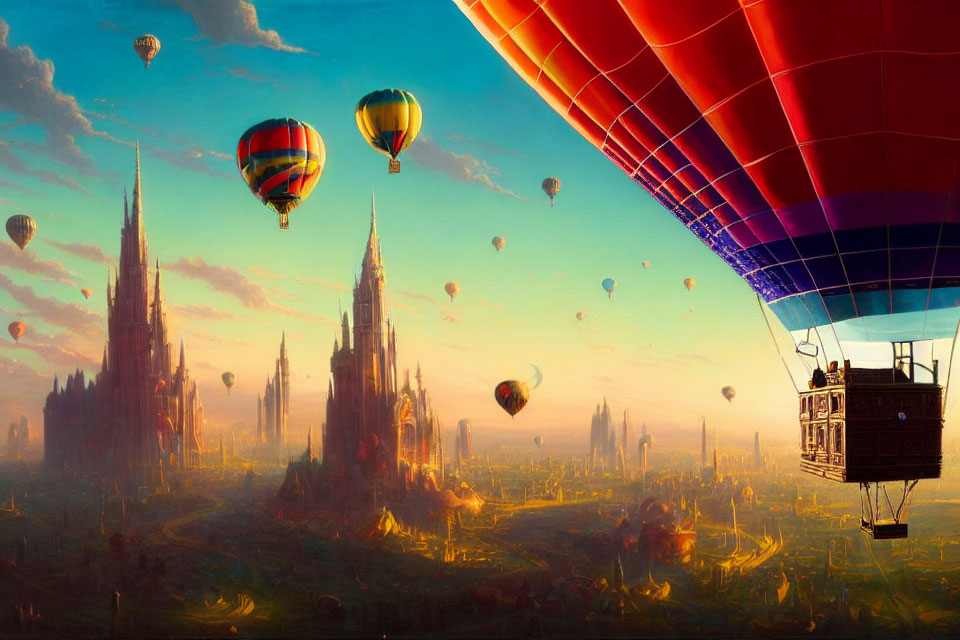 Vibrant hot air balloons over fantasy landscape with spire-topped towers