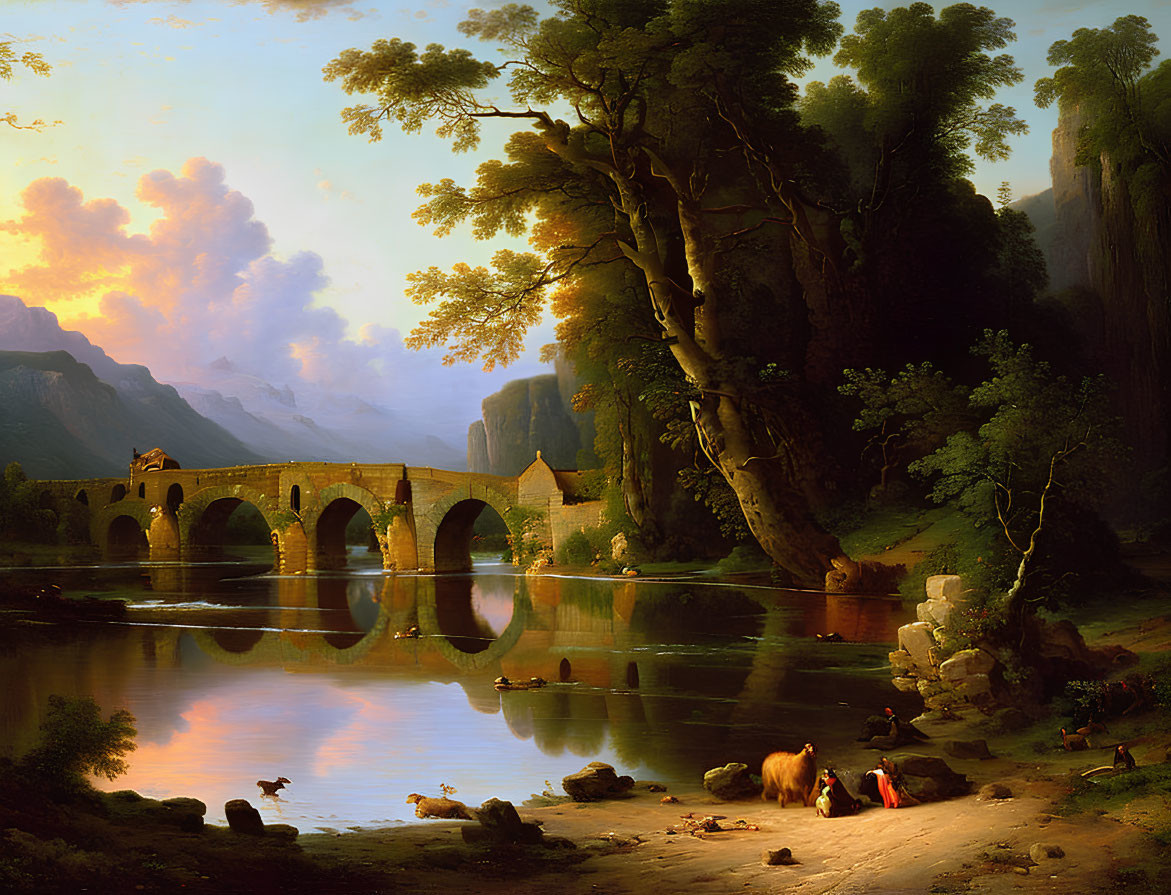 Tranquil landscape with stone bridge, river, cows, and colorful sky