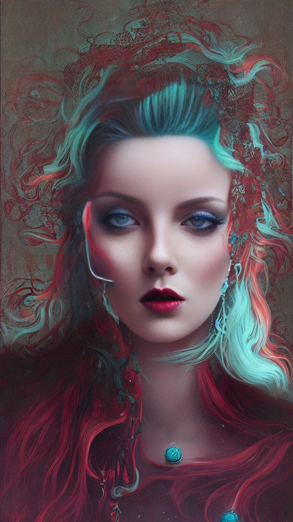 Surreal digital portrait of woman with teal hair and intricate red designs