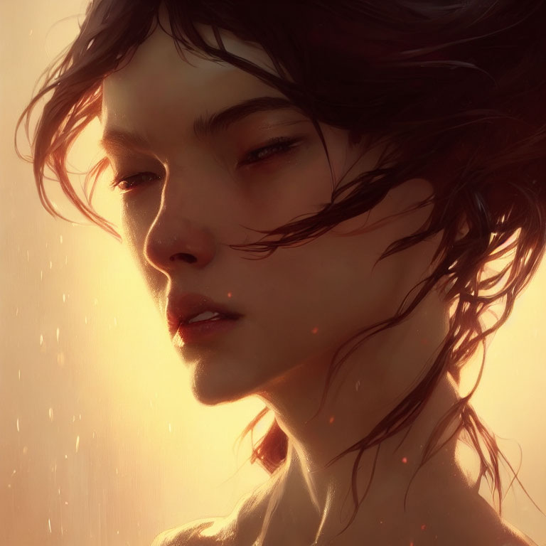 Close-Up Digital Portrait: Wind-Swept Hair, Subtle Freckles, Serene Expression