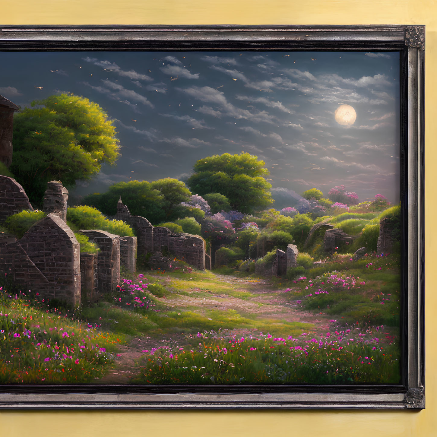 Moonlit landscape painting with ruins, blossoming tree, and wildflowers under starry sky