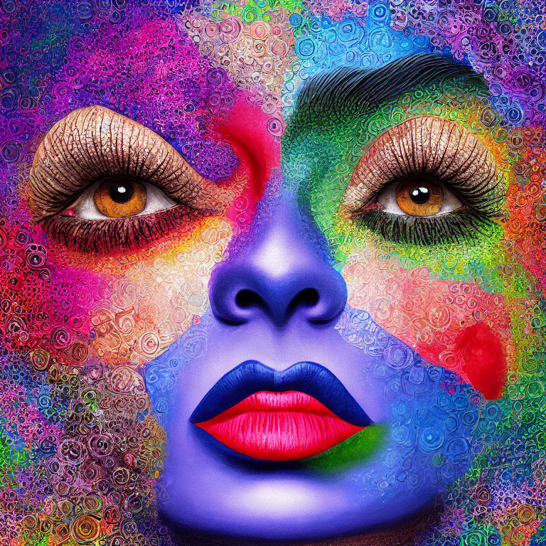 Vibrant woman's face with intricate patterns and bold colors