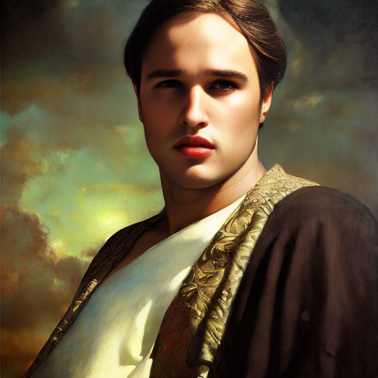 Young man in historical costume with golden collar against cloudy sky.