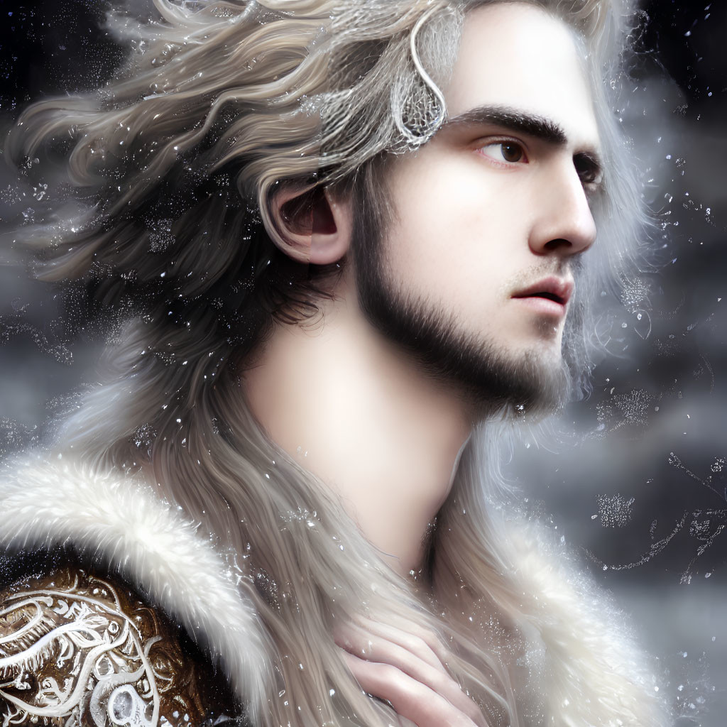 Illustrated portrait of man with silver hair and beard in fur and ornate armor in snowy setting