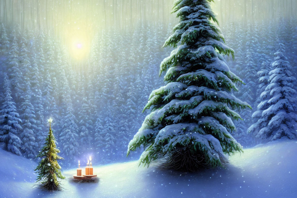 Snow-covered fir trees under starry sky with lit candles on sled