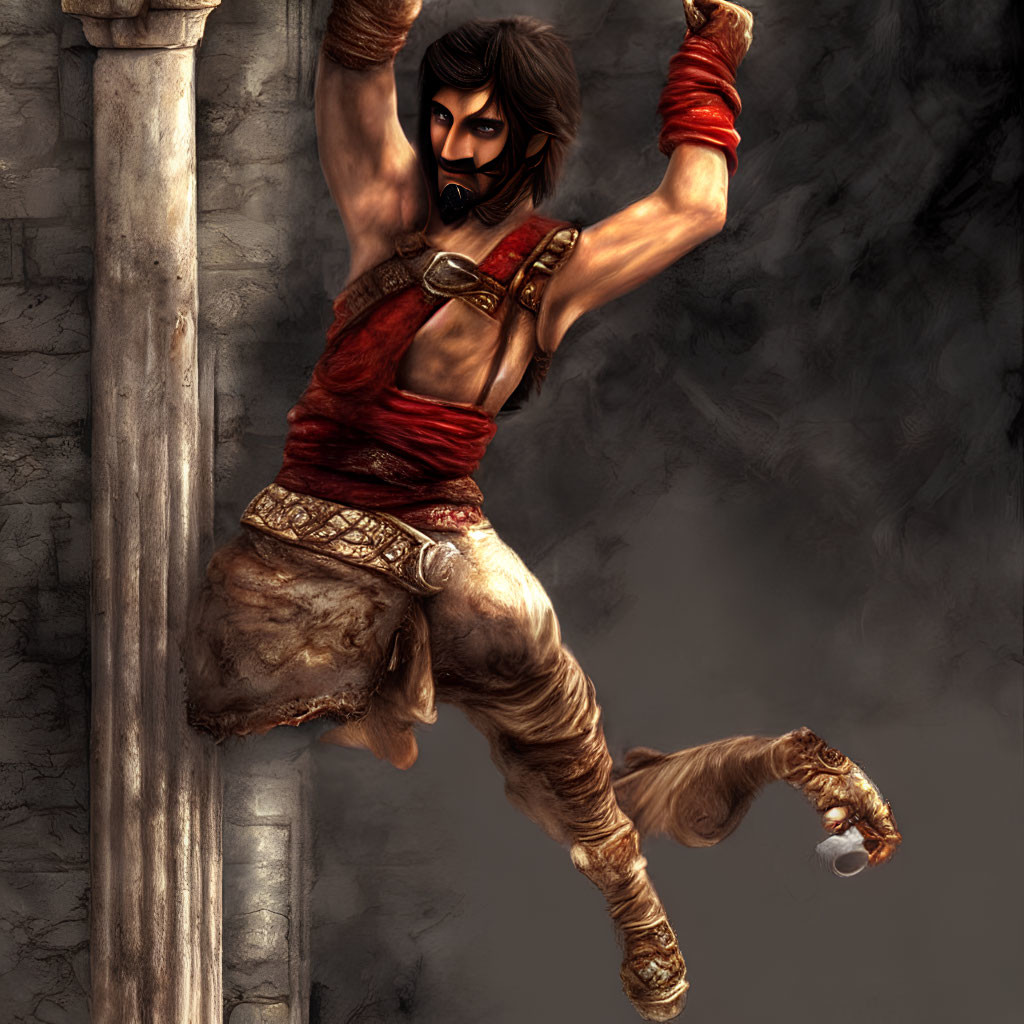 Mustached animated character in headband leaps by stone pillar in brown pants.