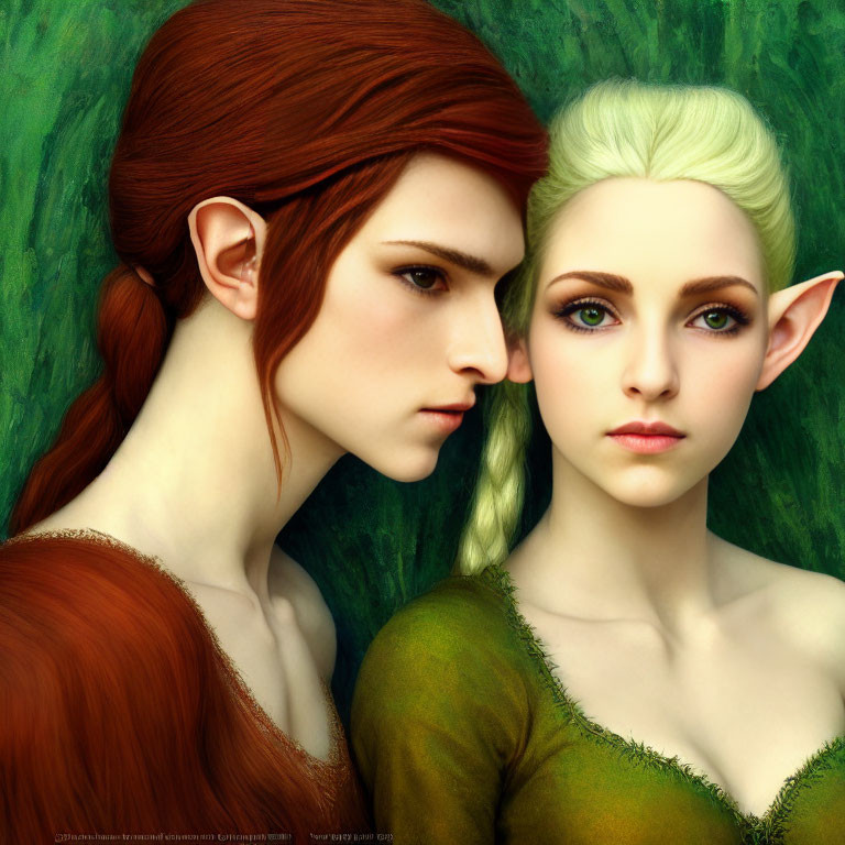 Fantasy elves with sharp ears in close pose on green backdrop