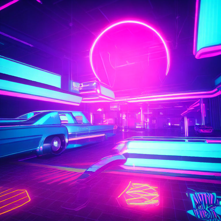 Futuristic neon-lit interior with classic car and cyberpunk elements